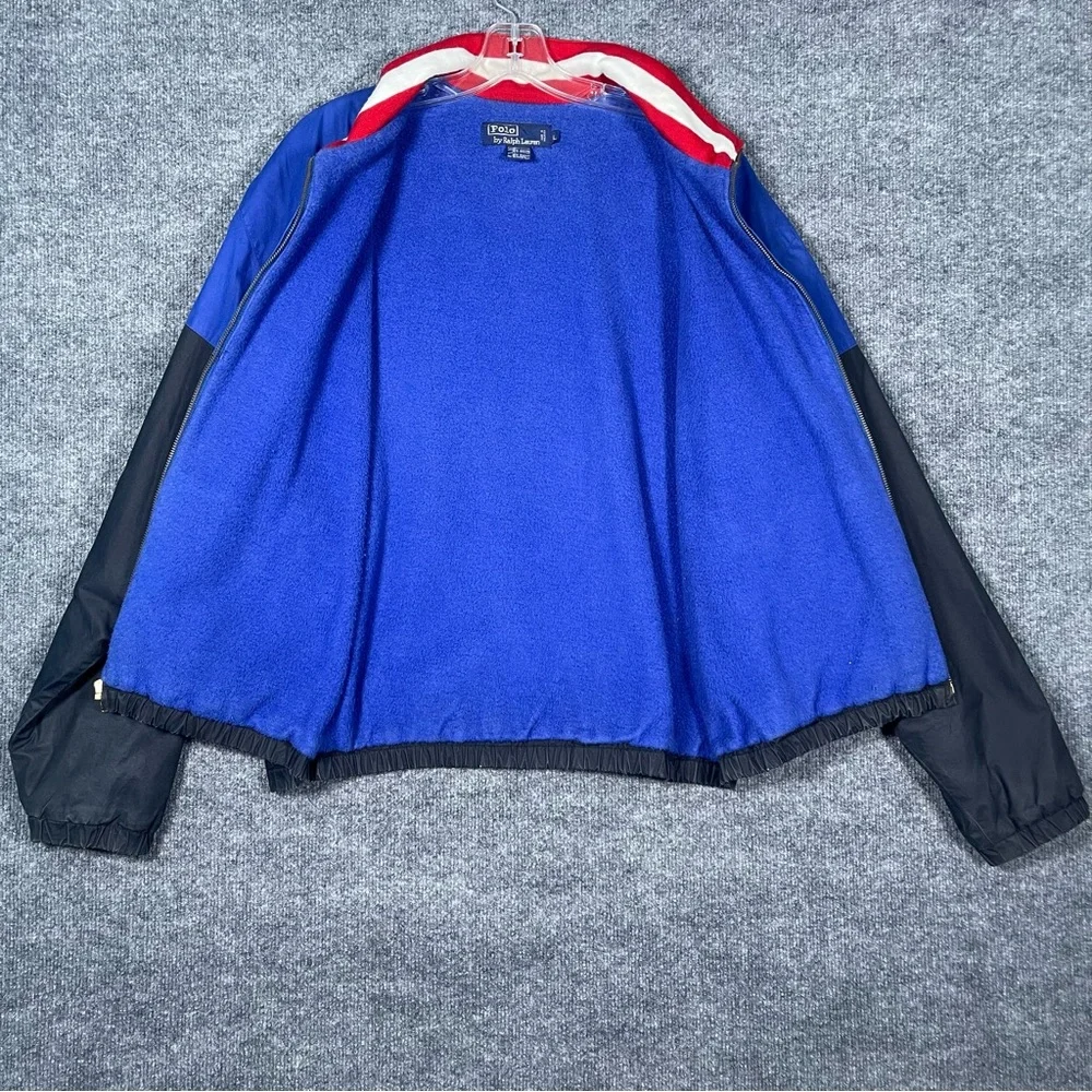 Vintage Polo Mens Large Black Blue Color Block Wool Collar Fleece‎ Lined Jacket